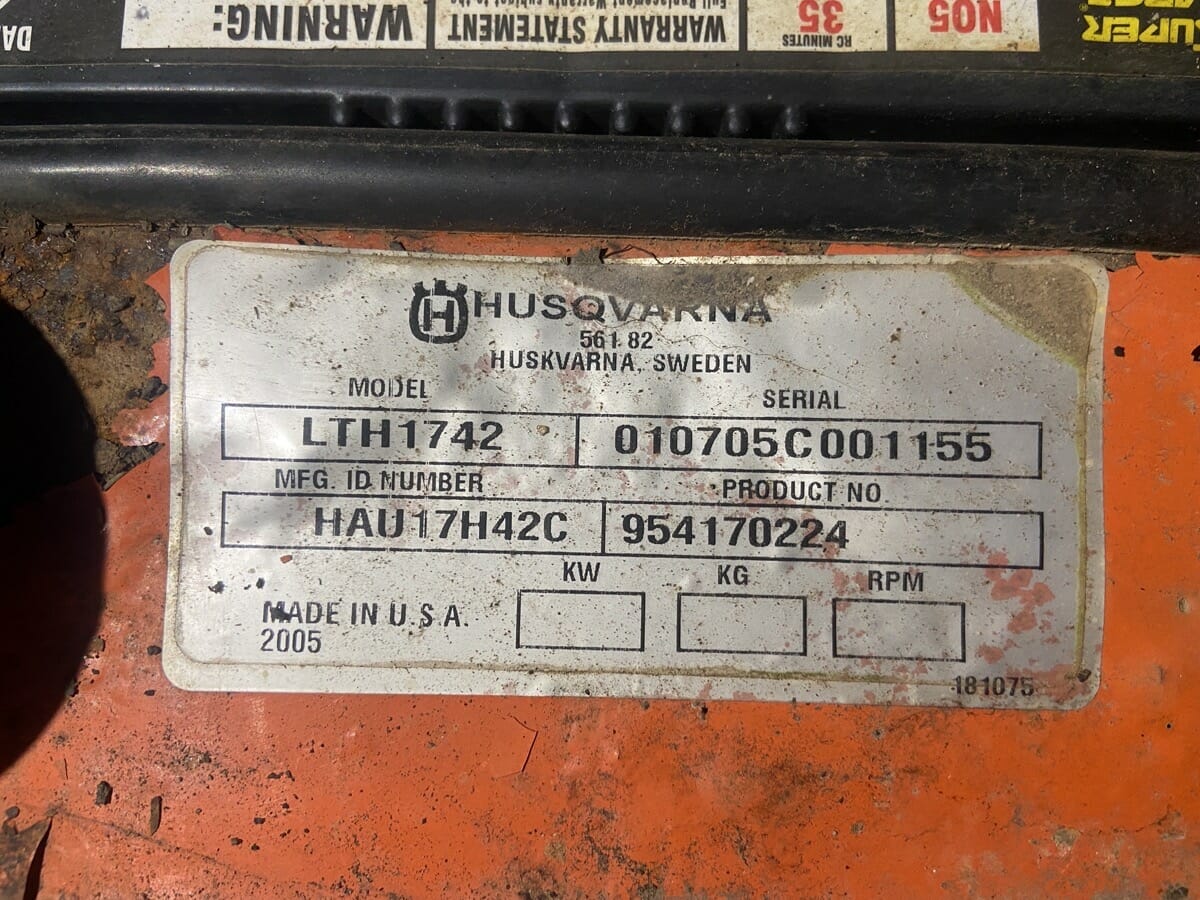 Husqvarna LTH1742 Model and Serial Details.JPG Husqvarna LTH1742 Model and Serial Details IMG 5030